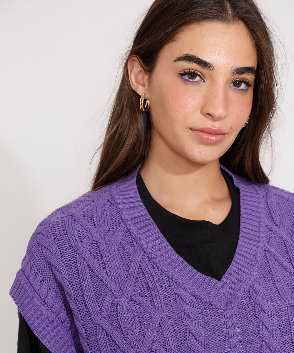 Colete Amplo de Tricô Texturizado Trança Decote V Roxo