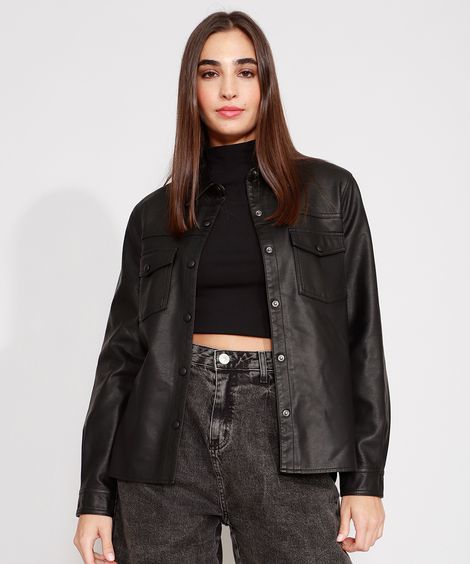 Jaqueta Camisa Longa com Bolsos Manga Longa Preta