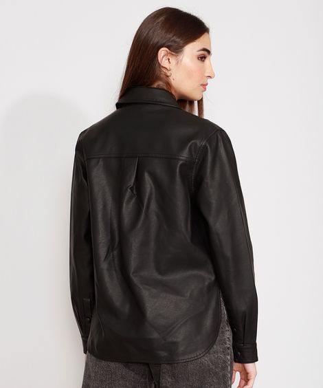 Jaqueta Camisa Longa com Bolsos Manga Longa Preta