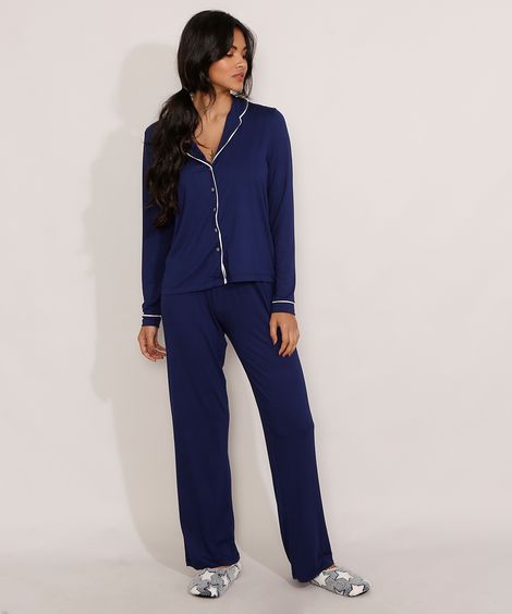 Pijama Manga Longa com Vivo Contrastante  Azul Marinho