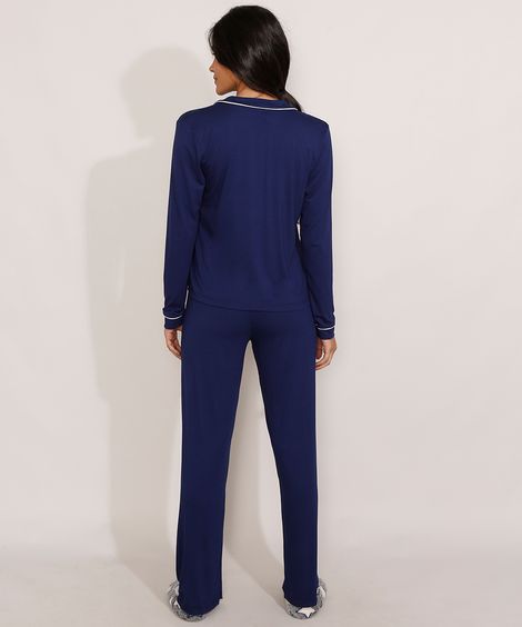 Pijama Manga Longa com Vivo Contrastante  Azul Marinho