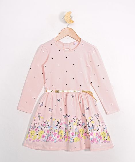 Vestido Infantil Estampado de Poá Manga Longa com Cinto Rosa Claro