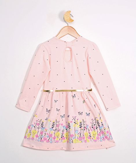 Vestido Infantil Estampado de Poá Manga Longa com Cinto Rosa Claro