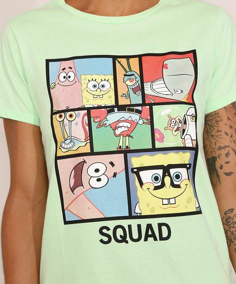 Camiseta Feminina Manga Curta Bob Esponja "Squad" Decote Redondo Verde Claro