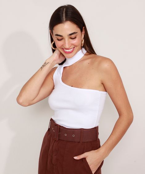 Blusa Um Ombro Só Canelada Assimétrica Sem Manga Gola Alta Mindset Branca