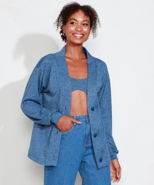 Cardigan de Tricô Feminino Mindset Longo Decote V Azul Marinho