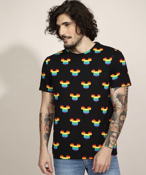 Camiseta de Algodão Pride Estampada Mickey Manga Curta Gola Careca Preta