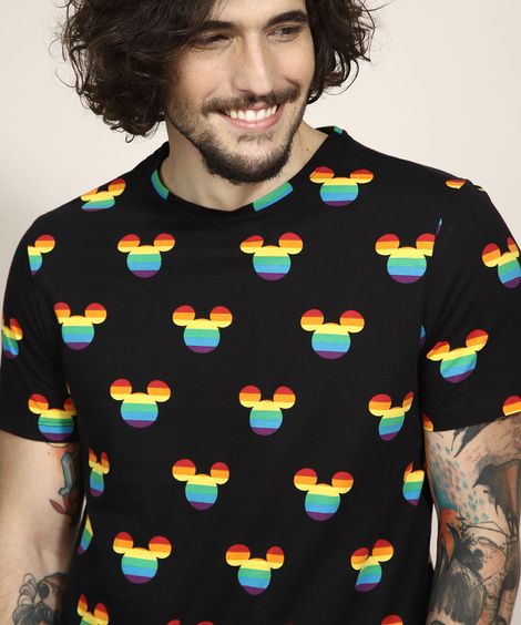 Camiseta de Algodão Pride Estampada Mickey Manga Curta Gola Careca Preta