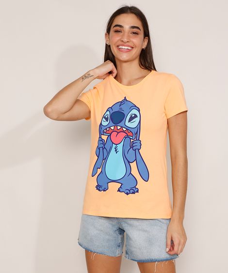Camiseta de Algodão Stitch Manga Curta Decote Redondo Laranja