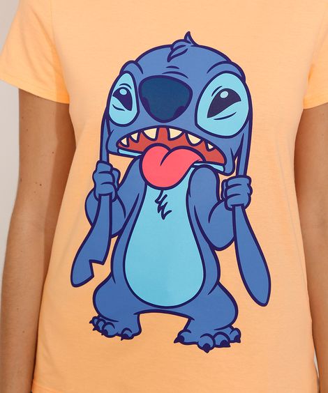 Camiseta de Algodão Stitch Manga Curta Decote Redondo Laranja