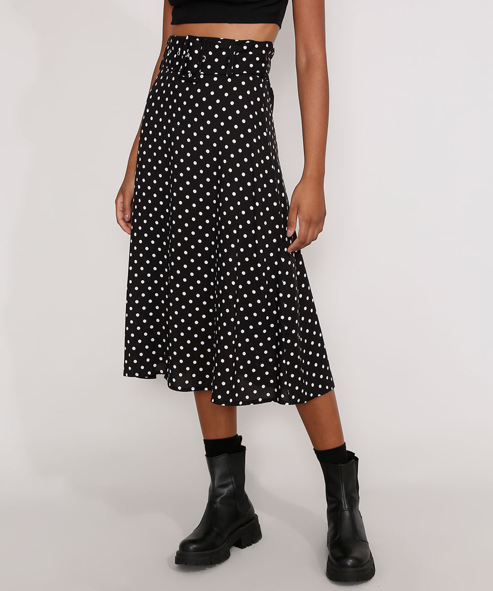 Saia midi de poá preto e branco com cinto, da C&A