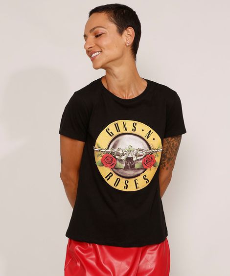 Camiseta de Algodão da Banda Guns N' Roses Manga Curta Decote Redondo Preta