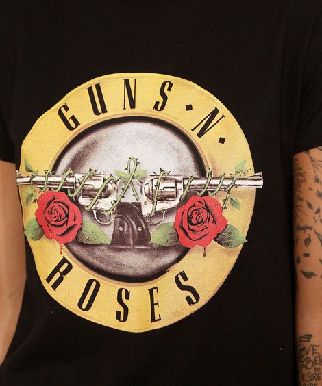 Camiseta de Algodão da Banda Guns N' Roses Manga Curta Decote Redondo Preta
