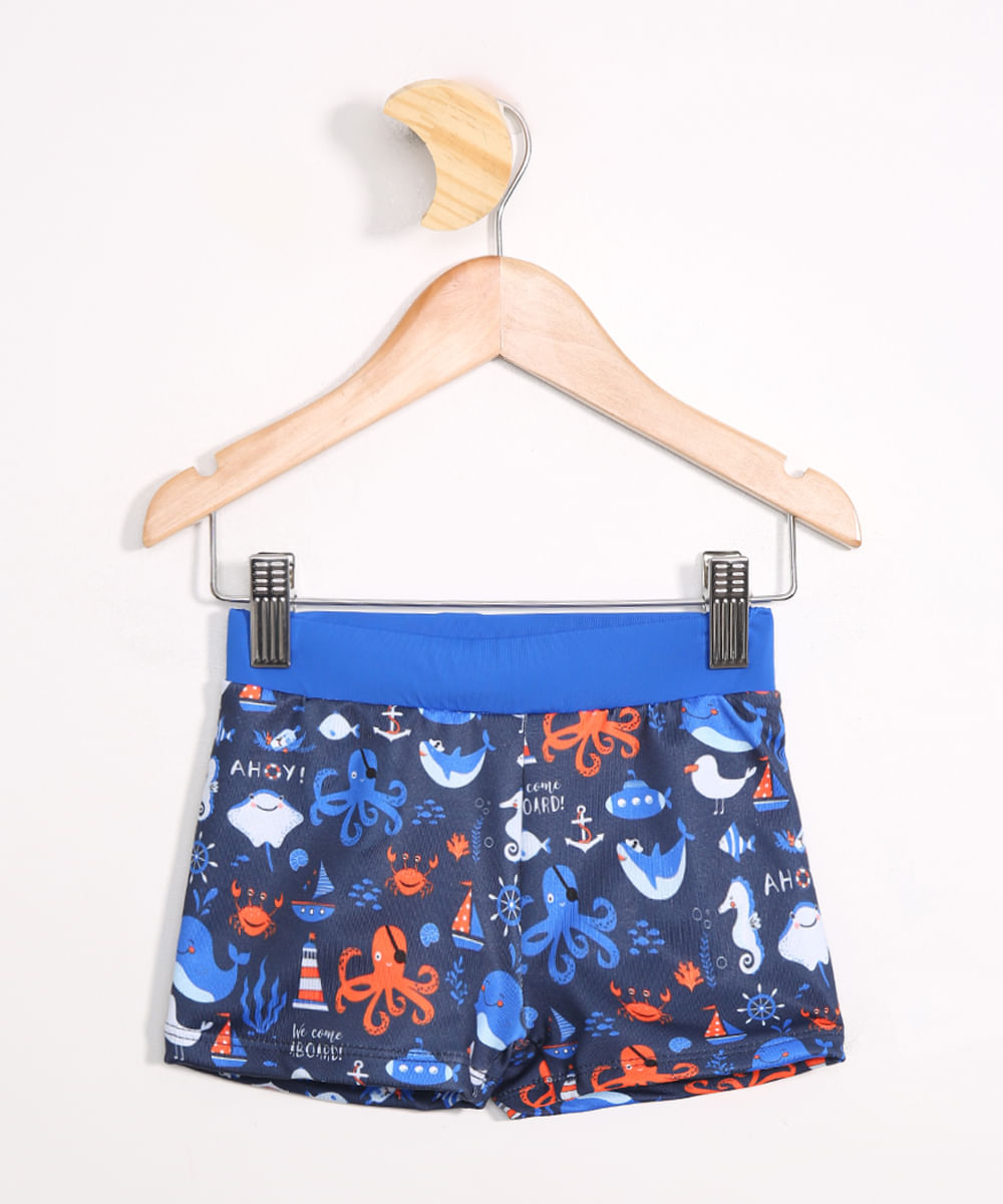 Sunga Infantil Boxer Estampada de Polvo com Proteção UV50+ Azul Escuro Menor preço em Sunga Infantil Boxer Estampada de Polvo com Proteção UV50+ Azul Escuro