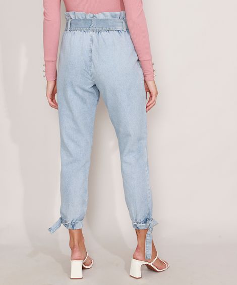 Calça Clochard Jogger Jeans com Recortes e Faixa para Amarrar Cintura Super Alta Azul Claro