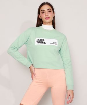 Blusão Cropped de Moletom "Cool Trend" Decote Redondo Verde Claro