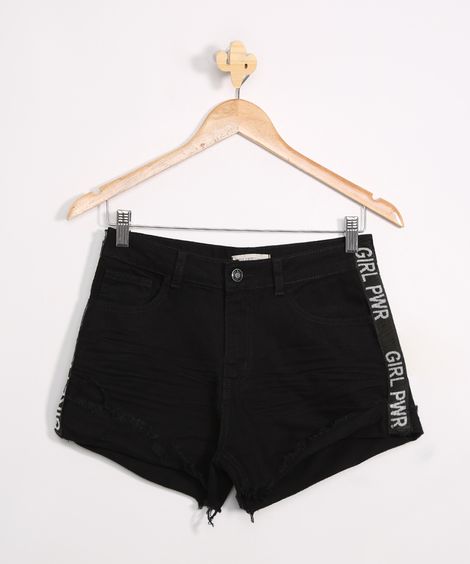 Short Jeans Juvenil Destroyed com Estampa Lateral  Preto