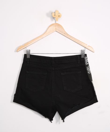Short Jeans Juvenil Destroyed com Estampa Lateral  Preto