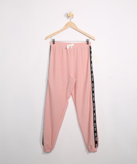 Calça de Moletom Juvenil Jogger com Faixa Lateral Rosa
