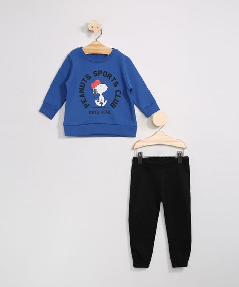 Conjunto Infantil de Moletom Blusão Snoopy Azul + Calça Jogger Preta