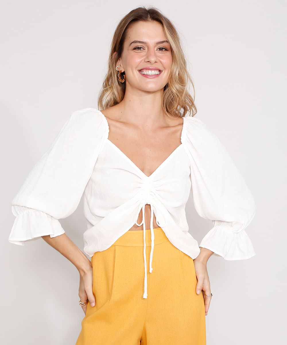 C&A Blusa Feminina Cropped Estampada Mini Print de Folhagem com Zíper de  Argola Manga Bufante Decote Coração Vermelha 