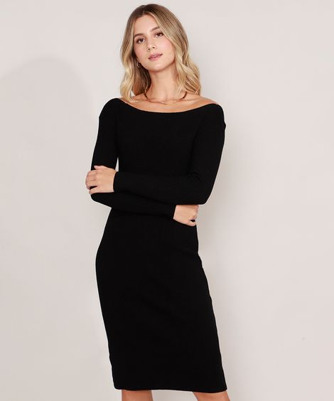 Vestido Ombro a Ombro Midi Manga Longa Preto