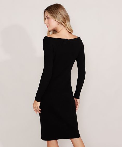 Vestido Ombro a Ombro Midi Manga Longa Preto