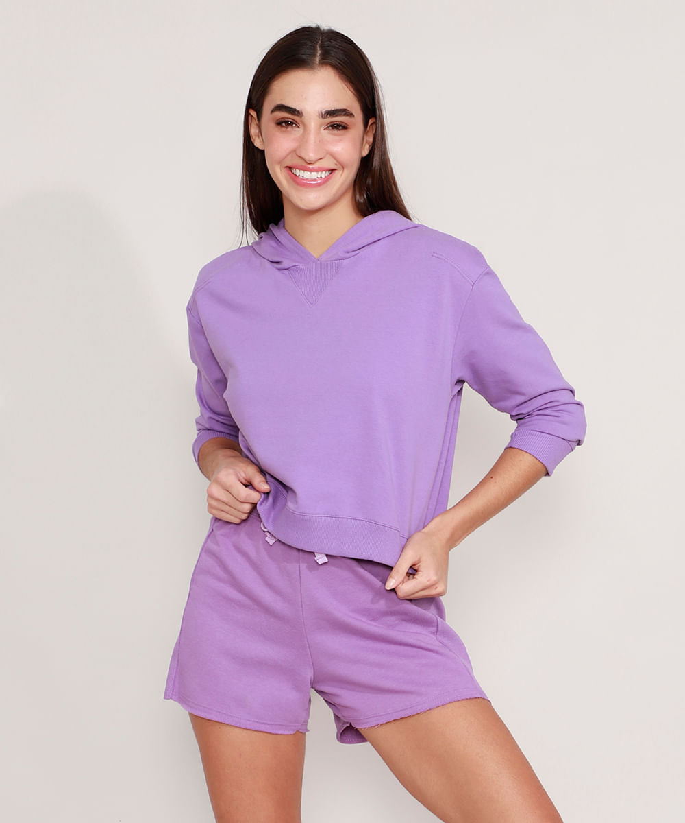 Conjunto de Blusão de Moletom + Short de Moletom Cintura Média Roxo Menor preço em Conjunto de Blusão de Moletom + Short de Moletom Cintura Média Roxo