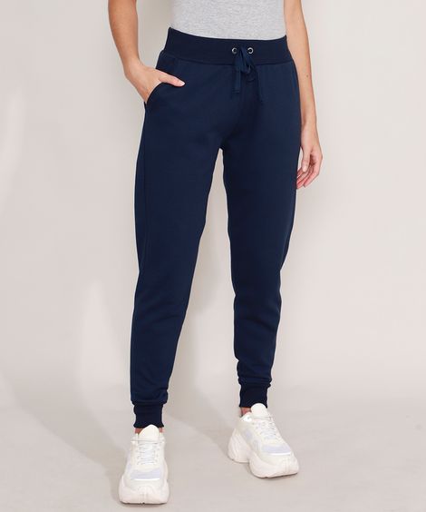 Calça Jogger de Moletom Felpado Básica com Bolsos Cintura Alta Azul Marinho