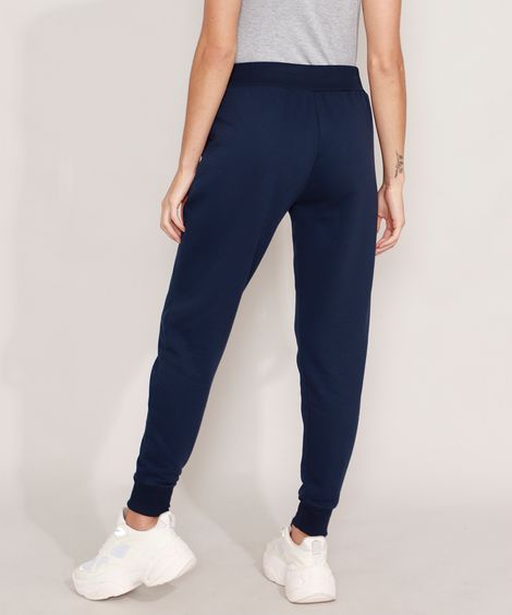 Calça Jogger de Moletom Felpado Básica com Bolsos Cintura Alta Azul Marinho