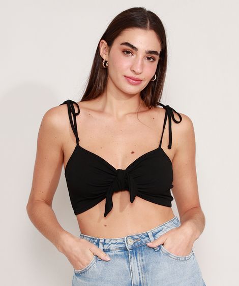 Top Cropped com Nó Alça Laço Decote V Preto