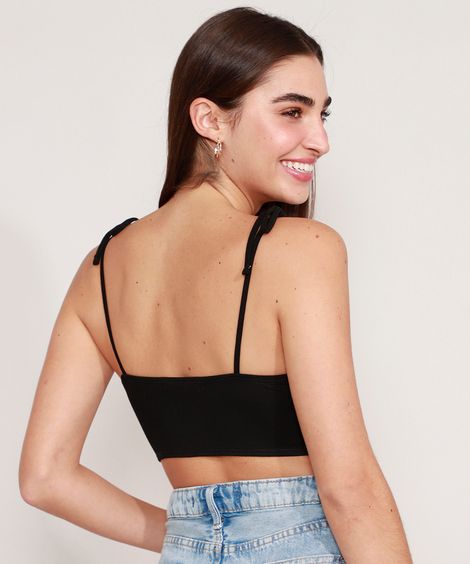 Top Cropped com Nó Alça Laço Decote V Preto