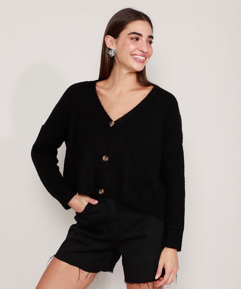 Cardigan Cropped Oversized de Tricô Decote V Preto