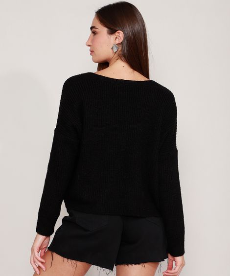 Cardigan Cropped Oversized de Tricô Decote V Preto