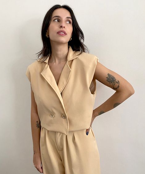 Blazer Feminino Mindset Cropped Muscle Sem Manga Bege