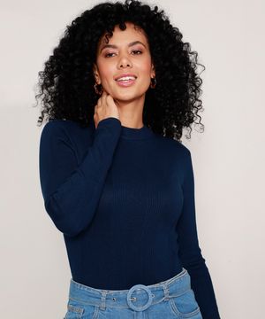 suéter básico de tricot canelado - azul marinho
