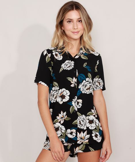 Camisa Feminina Ampla Estampada Floral Manga Curta Preta