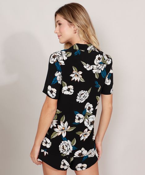 Camisa Feminina Ampla Estampada Floral Manga Curta Preta