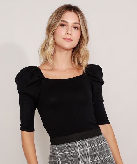 Blusa de Tricô Manga Bufante Decote Reto Preta