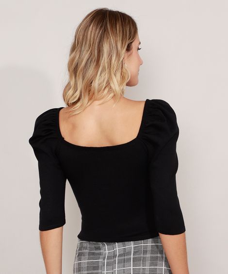 Blusa de Tricô Manga Bufante Decote Reto Preta