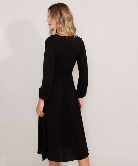 Vestido com Transpasse e Amarração Midi Manga Bufante Preto
