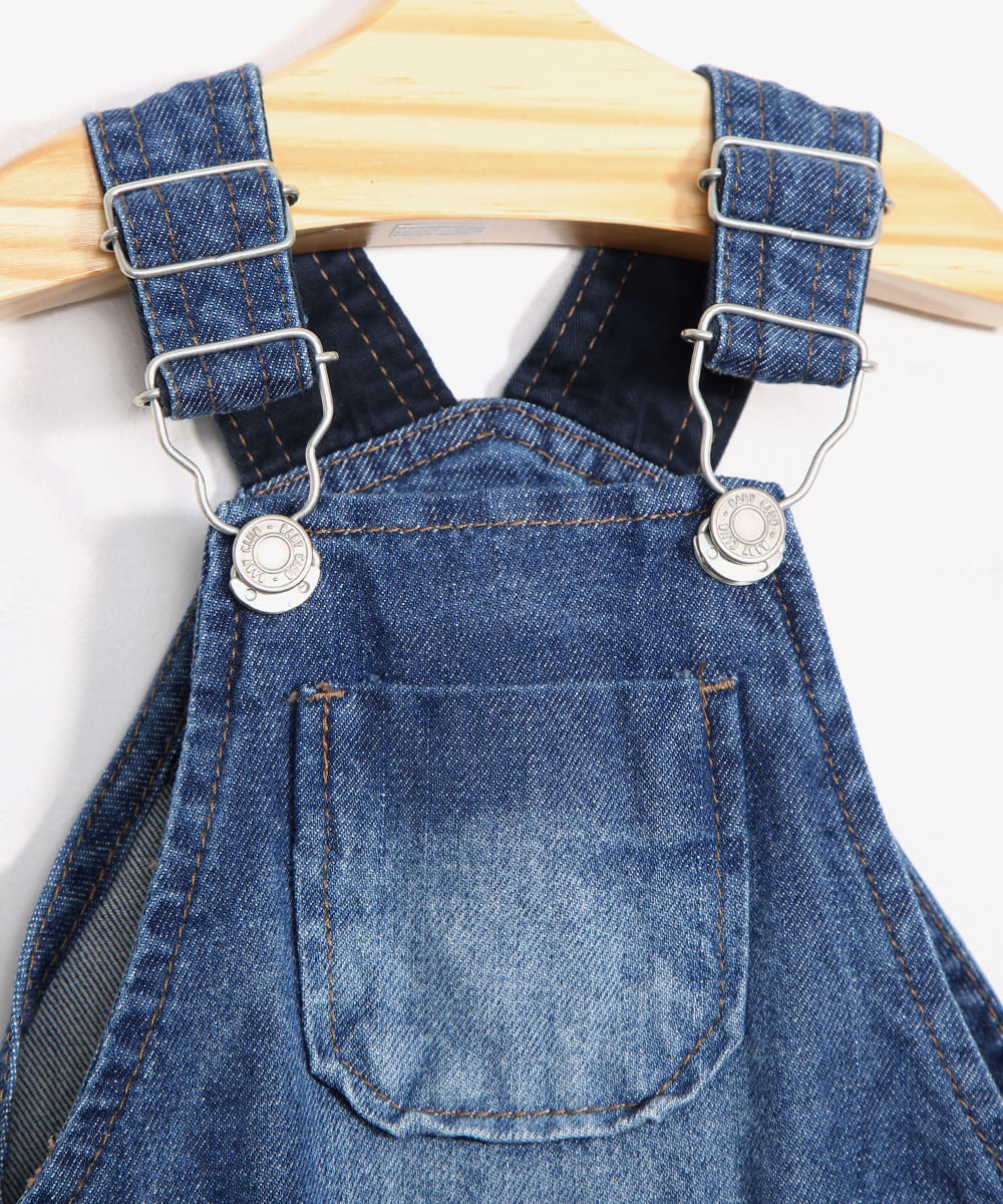 Jardineira Infantil Jeans com Bolso e Cinto Azul Médio