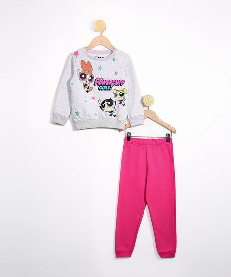 Conjunto Infantil de Moletom Blusão As Meninas Super Poderosas Cinza Mescla + Calça Jogger Cinza Mescla Claro