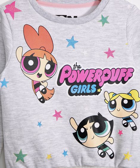 Conjunto Infantil de Moletom Blusão As Meninas Super Poderosas Cinza Mescla + Calça Jogger Cinza Mescla Claro