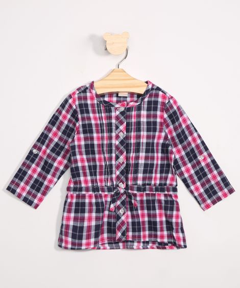 Camisa Infantil Estampada Xadrez Manga Longa Rosa Escuro
