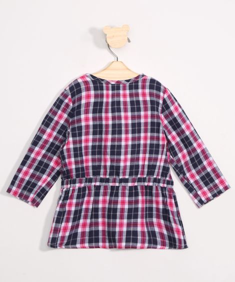 Camisa Infantil Estampada Xadrez Manga Longa Rosa Escuro