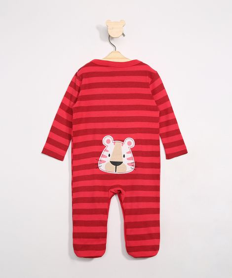 Macacão Infantil Listrado Tigre Manga Longa com Pezinho Vermelho