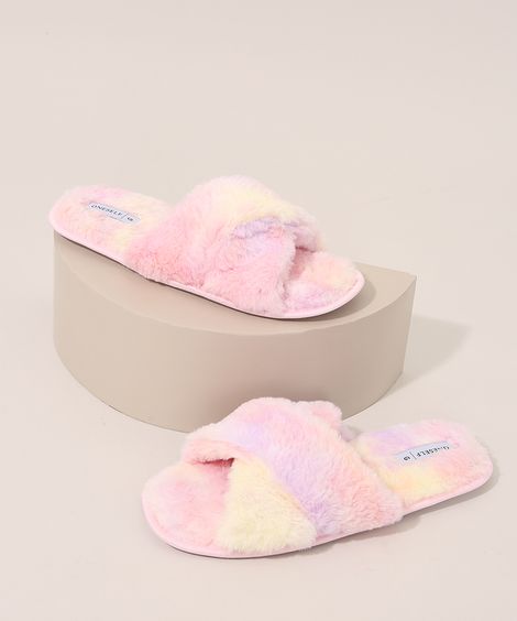 Pantufa Feminina de Pelúcia Estampada Tie Dye Oneself Rosa