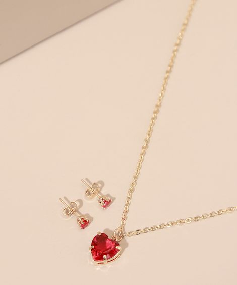Kit de Colar Feminino com Pingente de Coração com Pedra + Brinco com Pedra Dourado