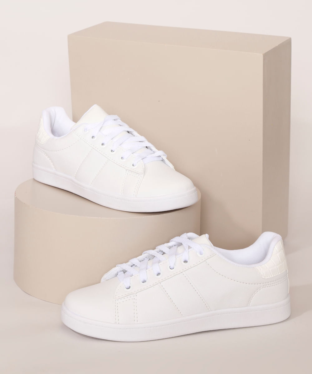 Tênis Feminino Oneself com Recorte Texturizado Croco Branco Menor preço em Tênis Feminino Oneself com Recorte Texturizado Croco Branco
